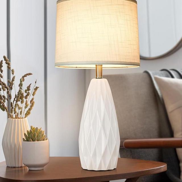 JUNNAI White Geometric Ceramic Lamp: 25" Tall Nightstand Lamps with Drum Lamp Shade | 3-Way Dimmable Modern Bedside Lamp End Table Lamp | White Lamp for Bedrooms Living Room (Bulb Included)