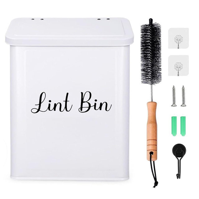 NUVRIX Magnetic Lint Bin for Laundry Room, Wall Mounted Metal Lint Box Holder Trash Can with Lid for Dryer, Lint Basket for Laundry Room Organization,Dryer Trash Can with Soft Lint Brush and Hooks