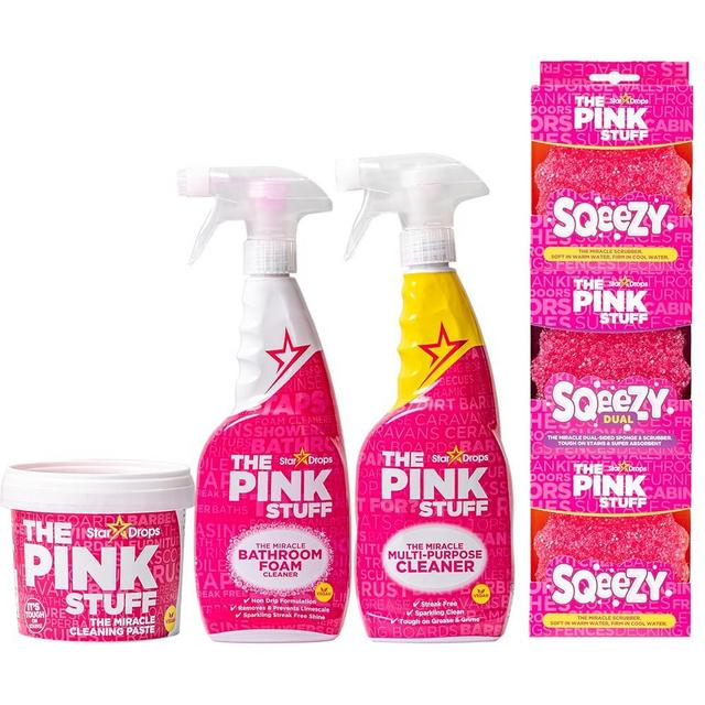 Stardrops – The Pink Stuff – Ultimate Cleaning Pack – The Pink Stuff Miracle Cleaning Paste, Multi-Purpose Spray, Bathroom Foam Spray, and 3 SQeeZY Pack