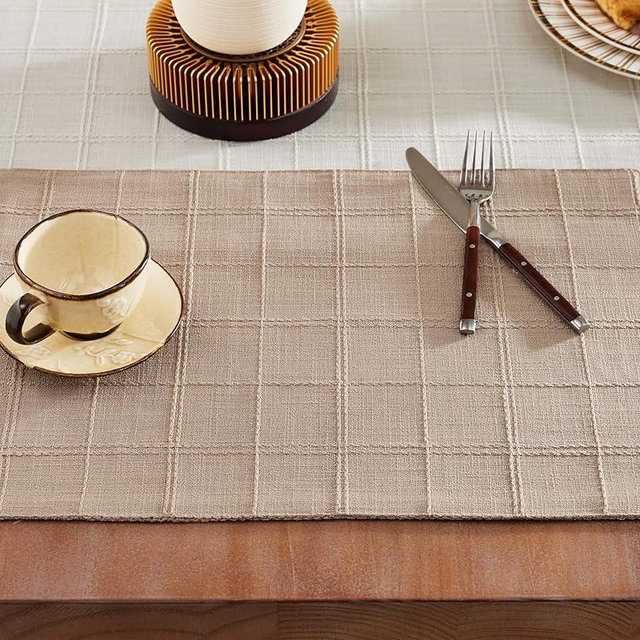 ZeeMart Linen Checked Placemats Set of 6, Plaid Embroidery Textured Table Mats, Double Layer Thick Farmhouse Rustic Place Mats for Kitchen Dining Table Home Decor, Taupe 13x19 Inch