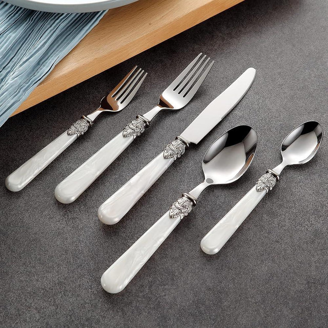 CATHYLIN REVERIE Collection 18/10 Stainless Steel Vintage Flatware set,Sliverware set,Dishwasher safe (40, Pearl White)