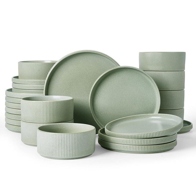 Famiware Star Dinnerware Set, Plates and Bowls Sets for 8 (24pcs), Ribbed Stoneware Dishes - Chip & Scratch Resistant, Microwave & Dishwasher Safe, Matte Sage Green