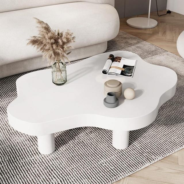 HM&DX Cloud Shape Irregular Wood Coffee Table,Round Corner Thicken End Table,Cute Accent Modern Coffee Cocktail Table with 3 Legs for Living Room Furniture(27.5" Lx18 Wx16 H, White)