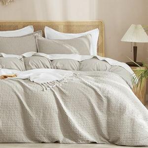 PHF Waffle Weave Duvet Cover Set Queen Size, No Snagging Ultra Soft Luxury Textured Breathable Comforter Cover for All Season 3pcs, Durable Bedding Duvet Set with 2 Pillow Shams, 90"x90", Linen