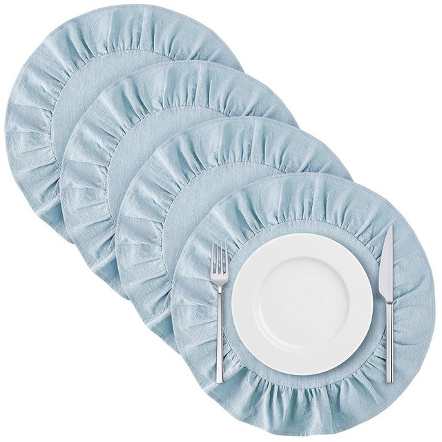 Gandeer 4 Pcs 15 Inch 100% Cotton Scalloped Round Placemats, Light Blue Place Mats with Ruffle, Thick& Washable Placemats Table Mats for Kitchen Dining Holiday Gatherings Decor