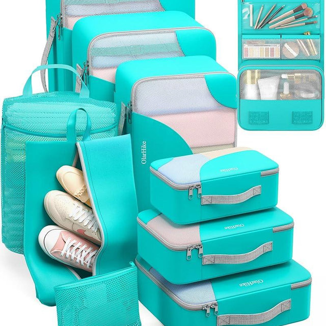 ALL INCLUDED 10 Set Durable Packing Cubes for Suitcases,OlarHike Essentials for Travel,UPGRADED Anti-Tear Stitching, NEW Improved Luggage Packing Organizers for Travel Accessories,Turquoise