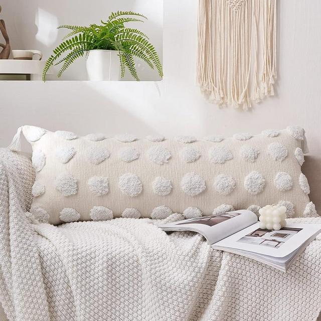 BOHOYUMI Soft Chenille Decorative Pillow Cover 14x36inch, Boho Long Lumbar Throw Pillow Cover with Dotted Tufted Design, Bohemian Textured Body Pillow Cover for Bed Sofa Living Room