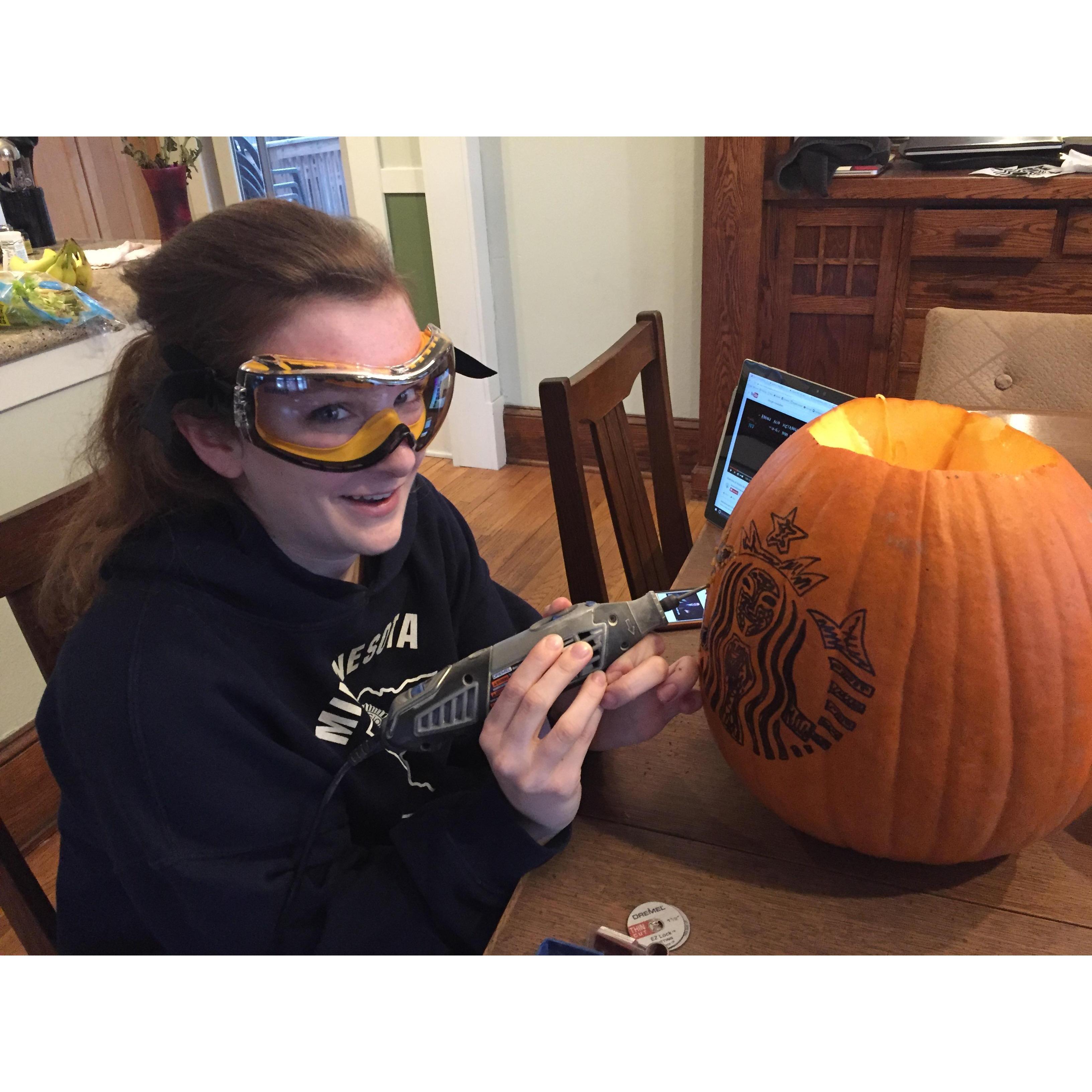 "Safety first" - Kyle, as she carves her Starbucks pumpkin with a dremmel. 2017