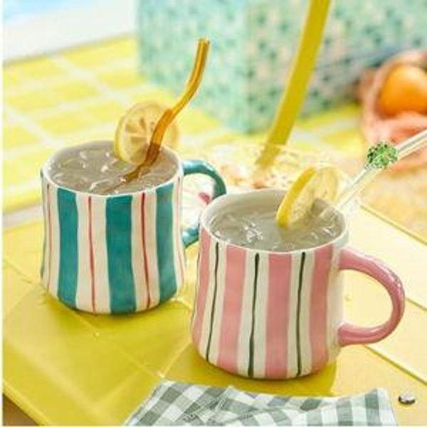 Striped Ceramic Coffee Mugs Set of 2, Pink and Green Stackable Stoneware Mugs for Morning Coffee, Tea & Cocoa, 12oz Dishwasher & Microwave Safe Mug Gift Set for Home & Office