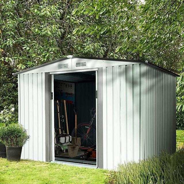 oneinmil 6' x 8' Metal Outdoor Garden Storage Shed, Utility Tool Storage House with Sliding Door (with Floor Frame)