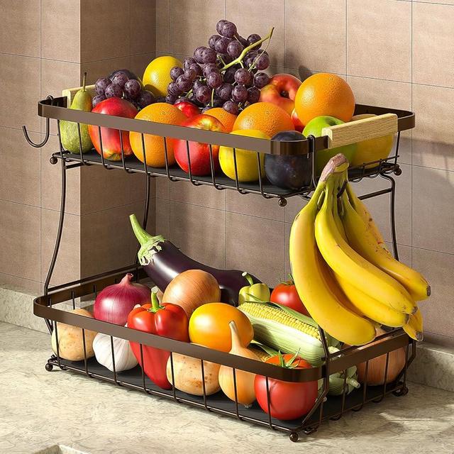 Sevenblue 2 Tier Fruit Basket for Kitchen Counter with 2 Banana Hangers, 2025 Pro Detachable Metal Fruit Bowl with Wooden Handle,Fruit Holder for Bread Snack Veggies, Brown
