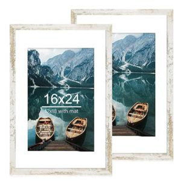 16x24 Frame Set of 2, Distressed White Wood Style - Display 16 x 24 Picture without Mat or 12x18 Picture with Mat, Wall Mounting Horizontal and Vertical