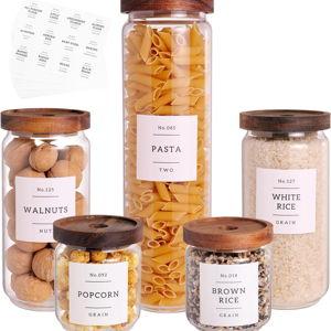 5 Set Glass Pantry Storage Jars with Acacia Airtight Lid - Thicken Glass Kitchen Canisters with 132 Pantry Labels - Clear Glass Food Storage Containers with Wood Lid for Tea,Sugar,Candy,Cookie,Pasta