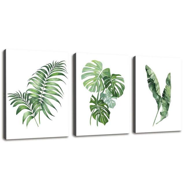 Canvas Wall Art For Bathroom Wall Decor Simple Green Leaf Canvas Prints Bedroom Wall Decor - 3 Panels Framed Wall Pictures Tropical Monstera Plant Banana Leaf Watercolor For Home Office Wall Decor