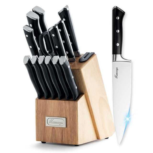Hancorys Knife Block Set, 15 Pcs Kitchen Knife Set, Enduring Ultra Sharp High Carbon German Stainless Steel Chef Knives Set with Built-In Sharpener, Full Tang Ergonomic Handle, Black