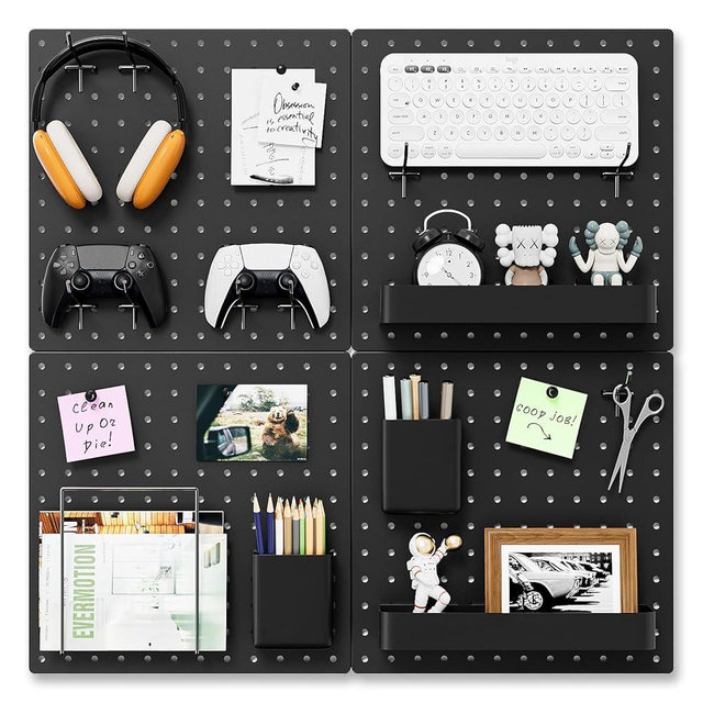 FZK Peg Board,25pcs PegBoard Wall Organizer,Includes 4 Black Pegboard and Accessories,Plastic PegBoard for Room,Office, Game Room,Kitchen and Bathroom