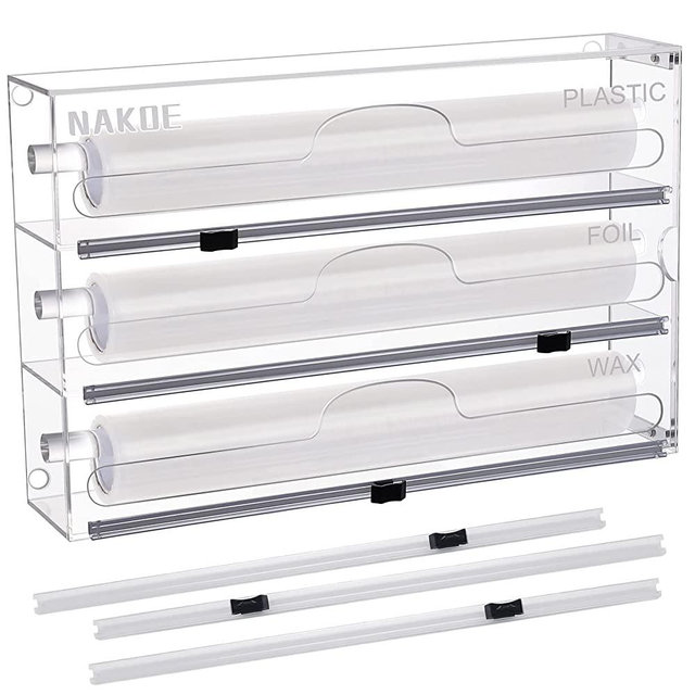 NAKOE Plastic Wrap Dispenser With Cutter, Foil and Plastic Wrap Organizer Wrap Dispenser with Cutter For Plastic WrapNot Moldy | Visible For Kitchen Drawer with 13" Roll (3 in1 Transparent)