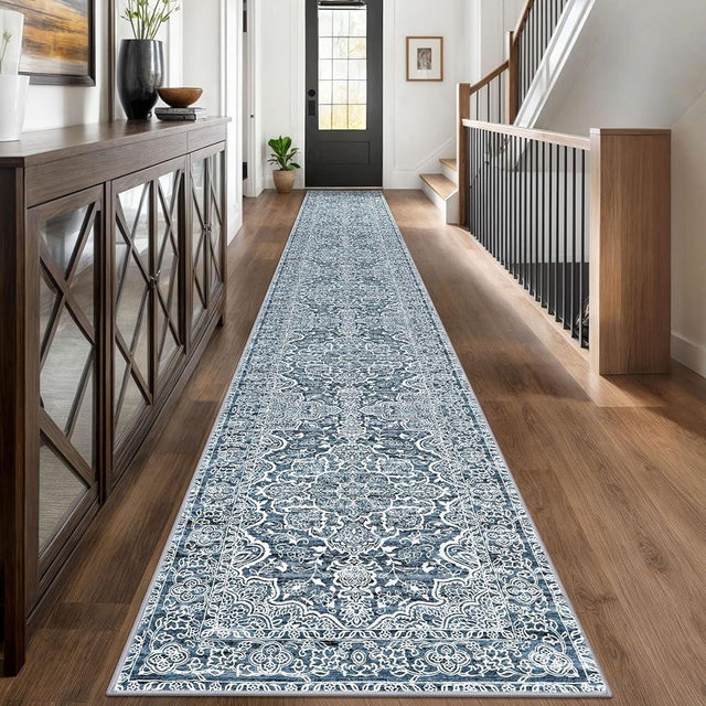 KUTA Extra Long Runners for Hallways 2.6x18ft Non-Slip Washable, Blue White Vintage Kitchen Rug, Stair Runners Indoor Ultra Soft Printed Floral Medallion Carpet for Bedroom Living Room Nursery