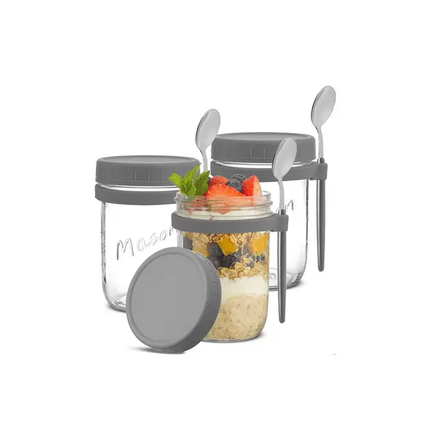JoyJolt Dawn Glass Overnight Oats Containers - Grey