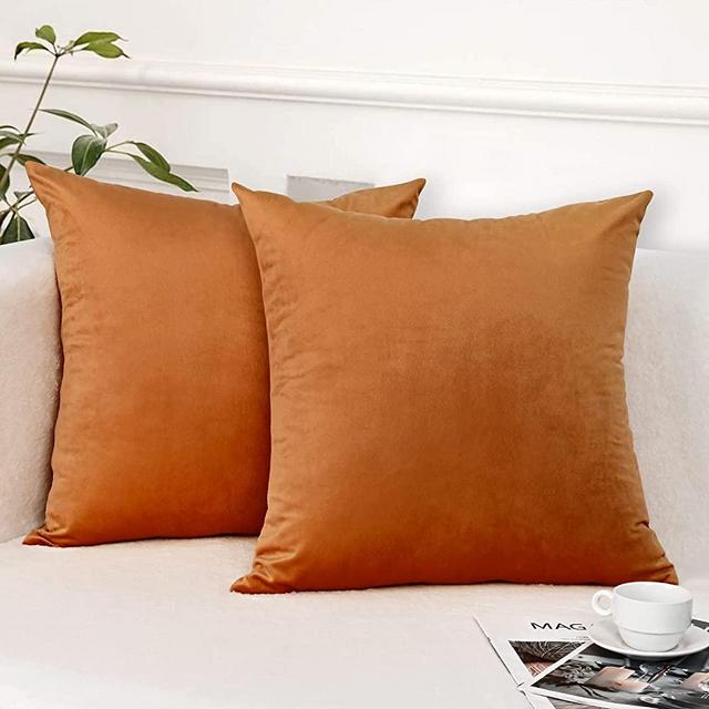 Yastouay 2 Pack Throw Pillow Covers, Orange Decorative Pillow Covers, Solid Sofa Pillows, Soft Velvet Pillow Case, Square Accent Cushion Covers for Sofa Couch Bed Chair, 18 x 18 Inches