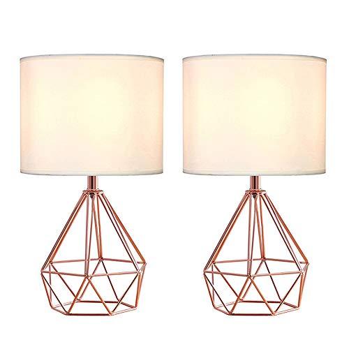 SOTTAE Rose Gold Hollowed Out Base Modern Lamp Bedroom Livingroom Beside Table Lamp, 16" Copper Desk Lamp with White Fabric Shade(Set of 2)