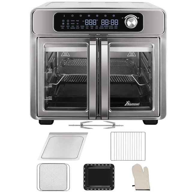 Extra Large French Door Air Fryer Toaster Oven Combo, 24 Cooking Functions and Digital Controls, 6 Accessories Included, Stainless Steel Finish, 26QT Capacity, Fits 12" Pizza, Rotisserie 6lb Chicken