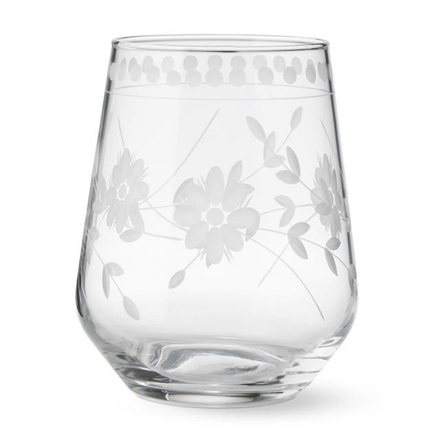 Vintage Etched Stemless Wine Glasses, Set of 4