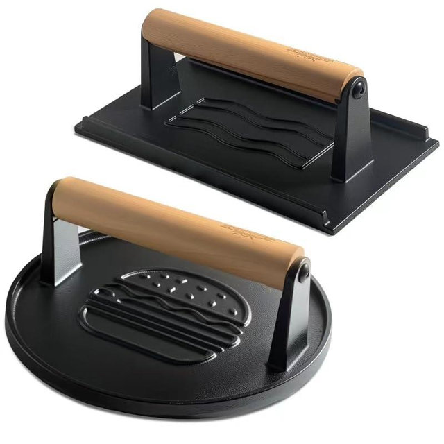 XUDAKAIXIN Cast Iron Smash Burger Press (2PCS),Grill Bacon Meat Press Tool,Perfect for Blackstone, Camp Chef, Weber Grills & Indoor Griddles – BBQ & Cookout Must-Have (Round & Rectangle (Flat Bottom)