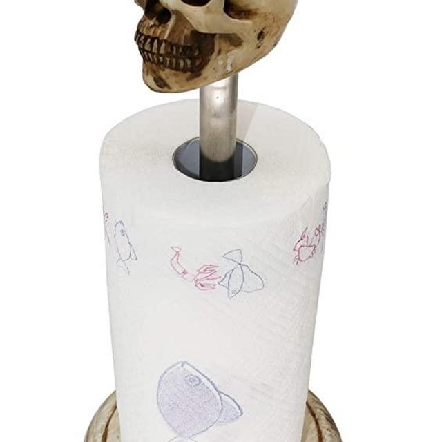 Rustic White Wood Skull Paper Towel Holder Stand Up Paper Towel Holder, Easy One-Handed Tear Kitchen Paper Towel Dispenser with Weighted Base for Standard Paper Towel Rolls ,Rustic White