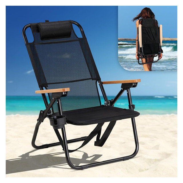 VINGLI Premium Lightweight Backpack Beach Chair with 4-Position, Cup Holders, Textilene Beach Chair for Adults, Camping Chairs Outdoor, Black