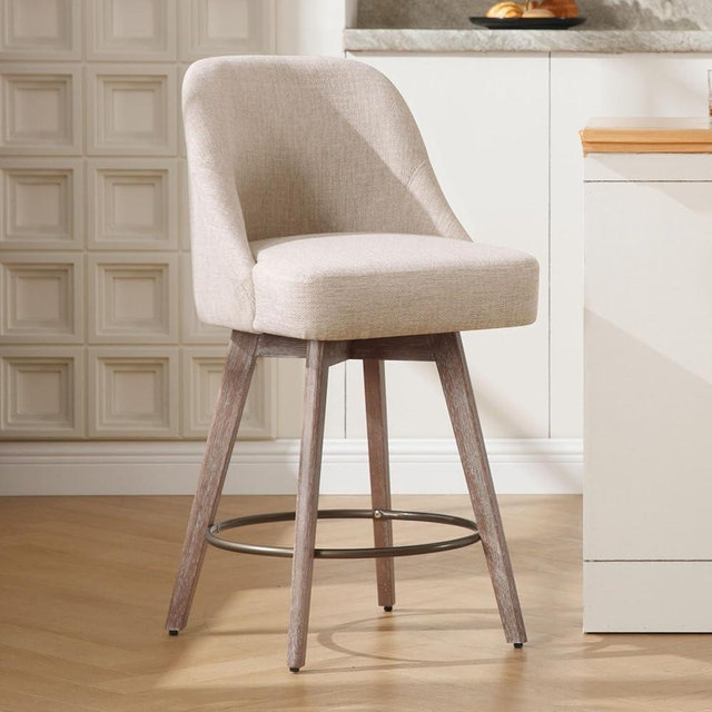 Bekrvio Counter Height Bar Stools, Modern Mid-Century Swivel Barstools with Backs and Wood Legs, Linen Fabric Upholstered Bar Chairs, 26" Seat Height Counter Stools for Kitchen Island, Sand