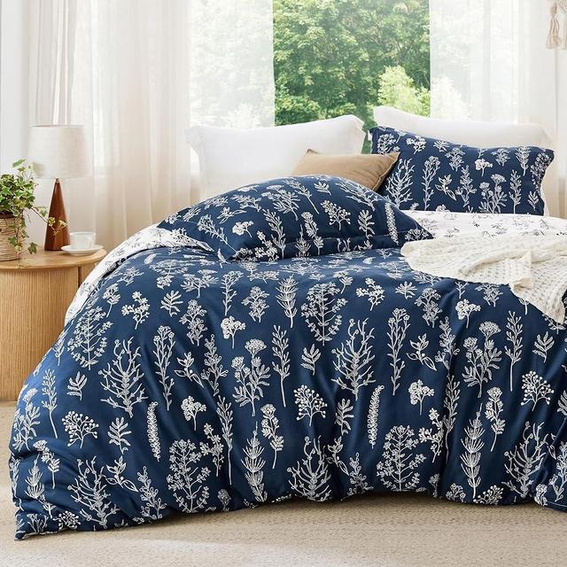 Bedsure Queen Comforter Set - Navy Comforter, Cute Floral Bedding Comforter Sets, 3 Pieces, 1 Soft Reversible Botanical Flowers Comforter and 2 Pillow Shams