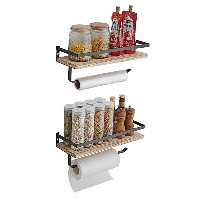 BESy Floating Shelves Wall Mounted Storage Shelves with Towel Rack Rails Bar, Paper Towel Holder with Shelf for Kitchen, Bathroom Tissue Roll Hanger, Matte Black Metal Frame, Set of 2 Natural