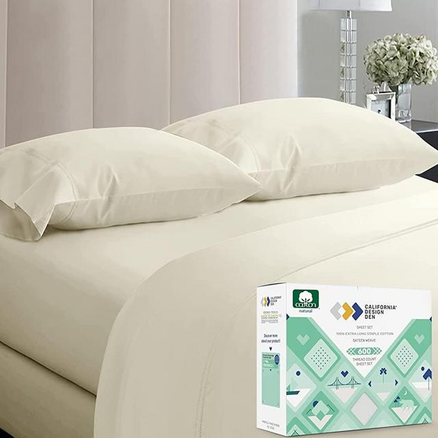 California Design Den 600 Thread Count 100% Cotton Sheets – Ivory Extra Long-Staple Cotton Full Sheets, Fits Mattress 16'' Deep Pocket, Sateen Weave, Soft Cotton 4 Piece Bed Sheets Set