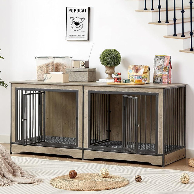 Rovibek 75'' Double Dog Crate Furniture for 2 Large Dogs, Heavy Duty Dog Crate, Furniture Style Dog Crate End Table, Wood Crates for Dogs Kennel Indoor, Decorative Dog Crate with Double Door, Grey