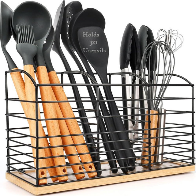 PrimZooty Large Utensil Holder for Kitchen Counter - 11.8"x 6.7"x 4.7" Aesthetic Design, Anti-Slip Mat, 3 Compartments, Kitchen Utensil Holder Organizer