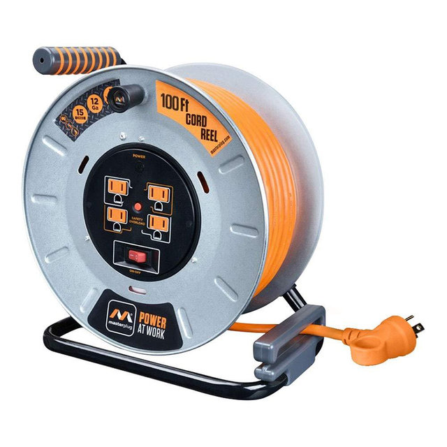 Masterplug Heavy Duty Metal Cord Reel with 4-120V 15amp Integrated Outlets and 12 Gauge High Visibility Cord (100ft)