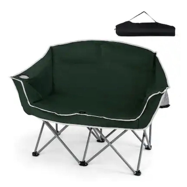 Costway - Double Duo Camping Chair with Armrests Cup Holders Carry Bag Heavy Duty Lawn Chair - Green