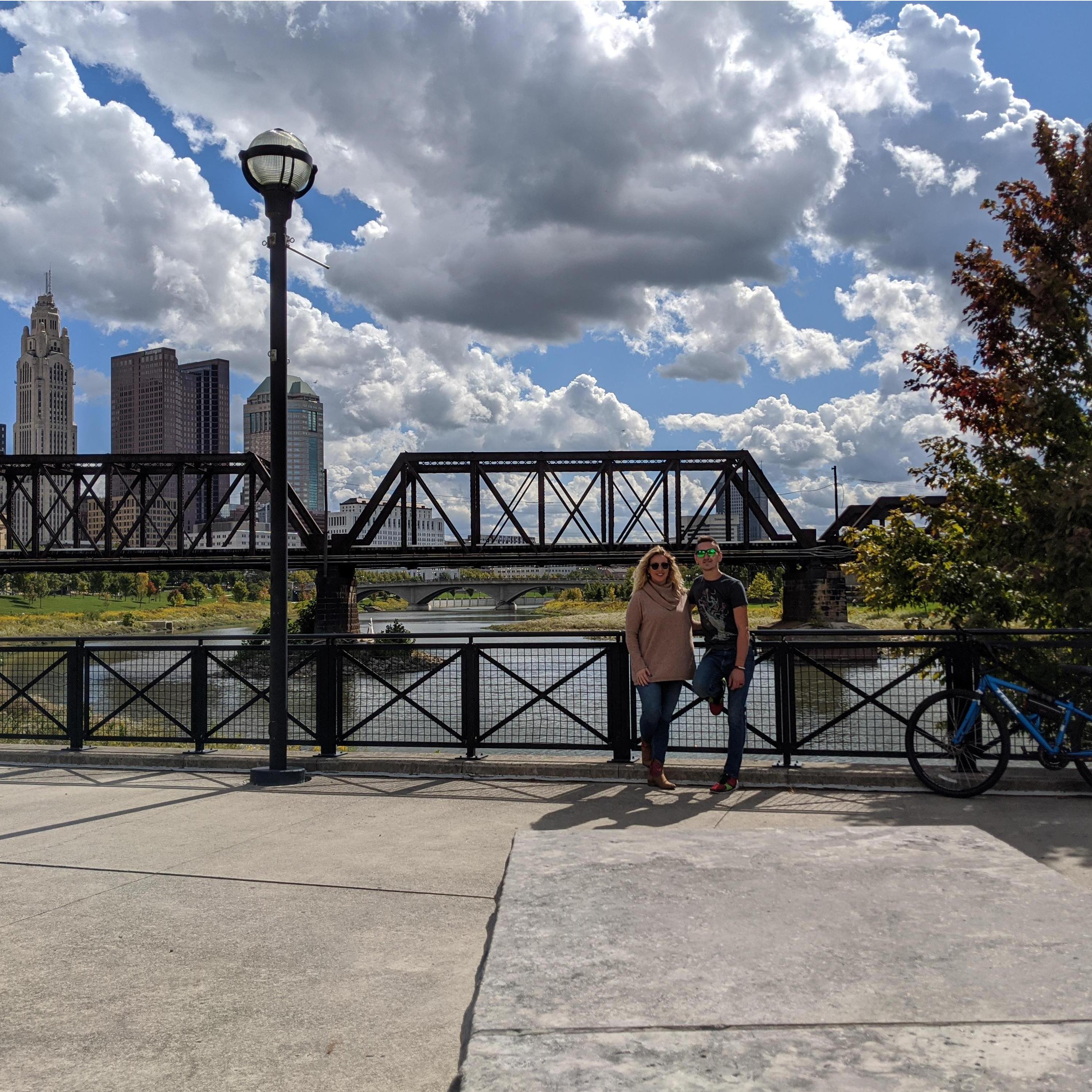 Riding our bikes along the riverwalk in downtown Columbus, Ohio on the second leg of our mini-moon road trip. Sept. 2020