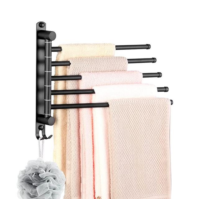 Swivel Towel Rack, Towel Bar with Wall Mounted 180° Rotation, 5-Arms Towel Hanger for SUS 304 Stainless Steel, Space Saving for Kitchen/ Bathroom, Matte Black