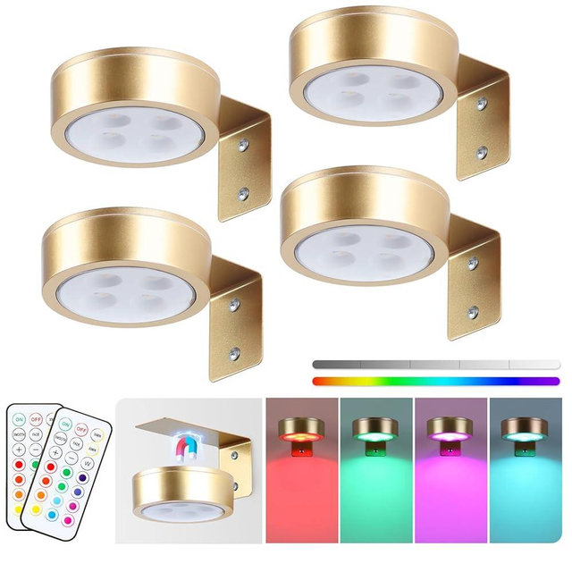 4-Pack Picture Light Battery Operated Painting Lights, 13 Color RGB Magnetic LED Display Art Light with Remote, Dimmable and Timer Portrait Light for Art Frame Artworking, Wall Decor Puck Light, Gold