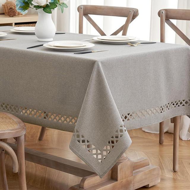 MIULEE Taupe Polyester Linen Rectangle Tablecloth with Decorative Cutouts Waterproof Stain Resistant Table Cloth Burlap Farmhouse Table Cover for Thanksgiving Dining Party Camping, 52 x 70 inch