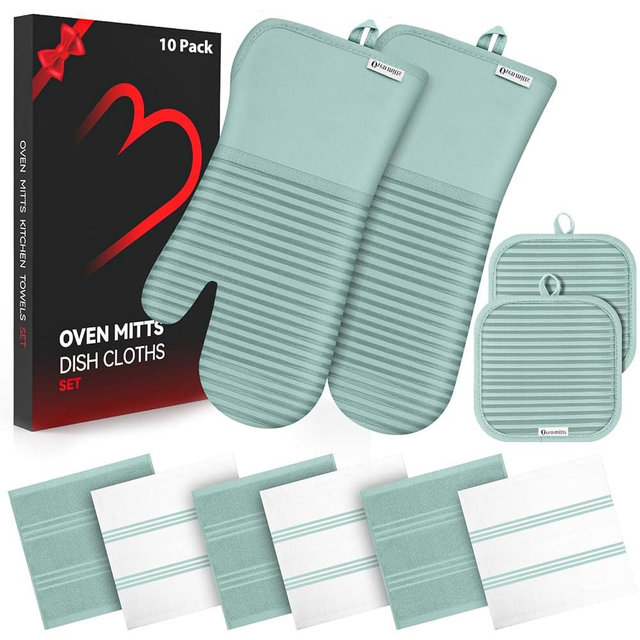 Oven Mitts and Pot Holder Sets with Silicone Grip, 500°F Heat Resistant-6 Pack Dishcloth/Dish Towels for Kitchen 100% Cotton-Value Kitchen Essentials for Cooking, Baking, Grilling-Mint Green