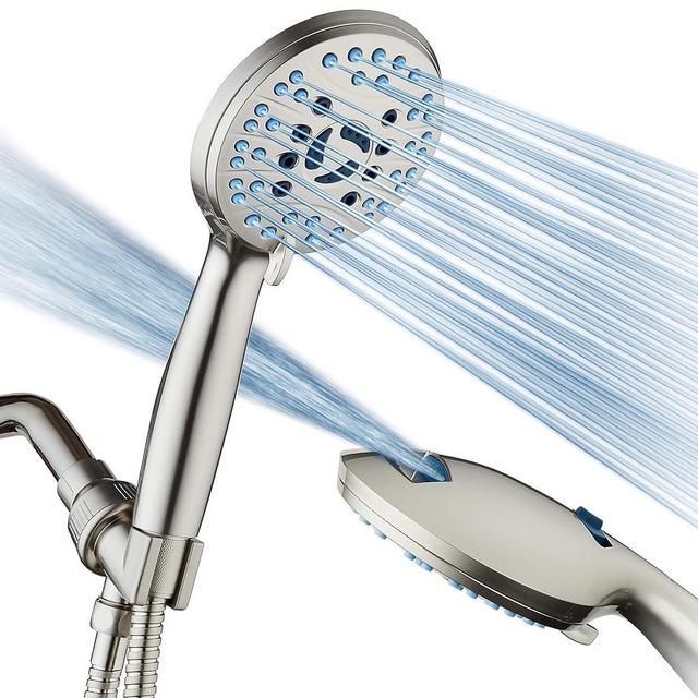 AquaCare High Pressure 8-mode Handheld Shower Head - Anti-clog Nozzles, Built-in Power Wash to Clean Tub, Tile & Pets, Extra Long 6 ft. Stainless Steel Hose, Wall & Overhead Brackets - 1.8 GPM