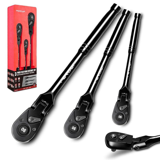 zhax 3-Piece Flex-Head Ratchet Set, 1/4”, 3/8”, 1/2” Drive 90-Tooth Ratchets, Quick Release Reversible Ratchet Wrenches for Repairing, Home, DIY, Chrome Alloy Made