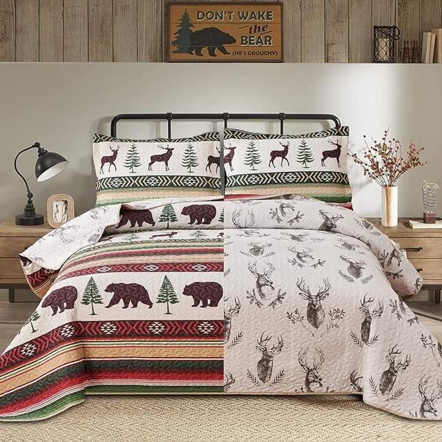 Quilt Set King Size Rustic Bedspread Coverlet King Quilt Bedding Country Lodge Cabin Quilt Lightweight Quilt Bedspread Red Green Stripe Forest Moose Bear Quilt Bedding Home Reversible Quilt Coverlet