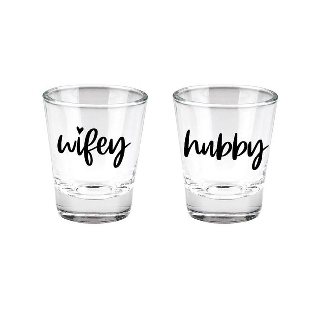 Canopy Street Wifey And Hubby Shot Glasses/Two Wedding Reception Shot Glasses/His Hers Bachelorette Bachelor Engagement Party 1.5 Ounce Small Glass Set