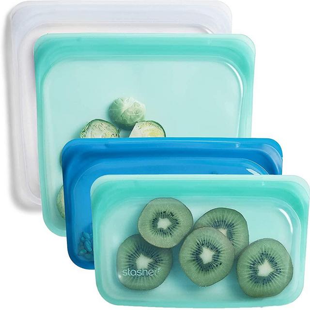 Stasher Silicone Reusable Storage Bag, Bundle 4-Pack Lunch (Clear+Aqua+Blueberry) | Food Meal Prep Storage Container | Lunch, Travel, Makeup, Gym | Freezer, Oven, Microwave, Dishwasher Safe, Leakproof