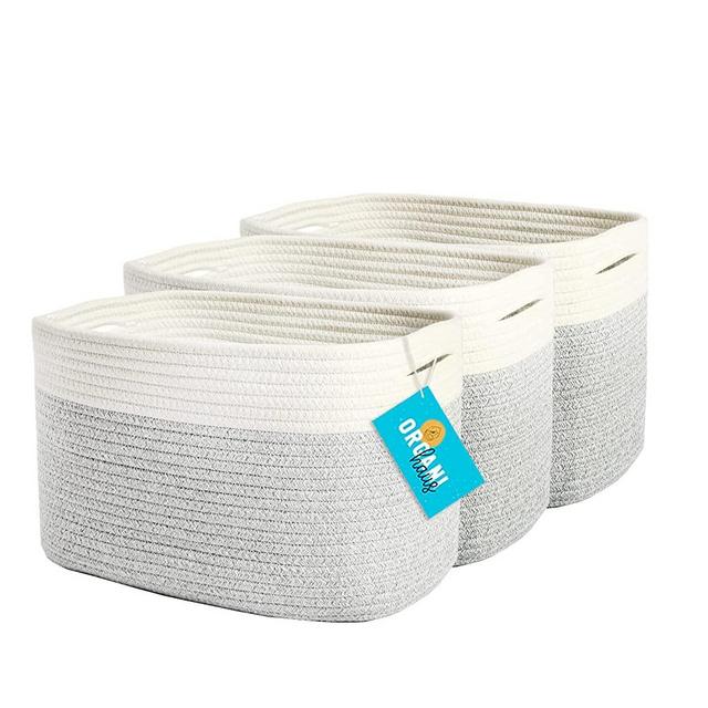 OrganiHaus 3-Pack Cotton Rope Nursery Shelf Baskets | Baby Basket for Nursery Storage Shelf | Home Organizing Bins and Toy Organizer | Woven Baskets for Baby Room - Grey / Off-White