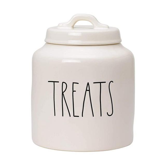 RAE DUNN Cookie Jar, Ceramic Treats Food Container for Cookies or Dog Biscuits, Kitchen Pottery Accents, Snack Canister with Sealed Lid (5.5" x 5.5" x 8")